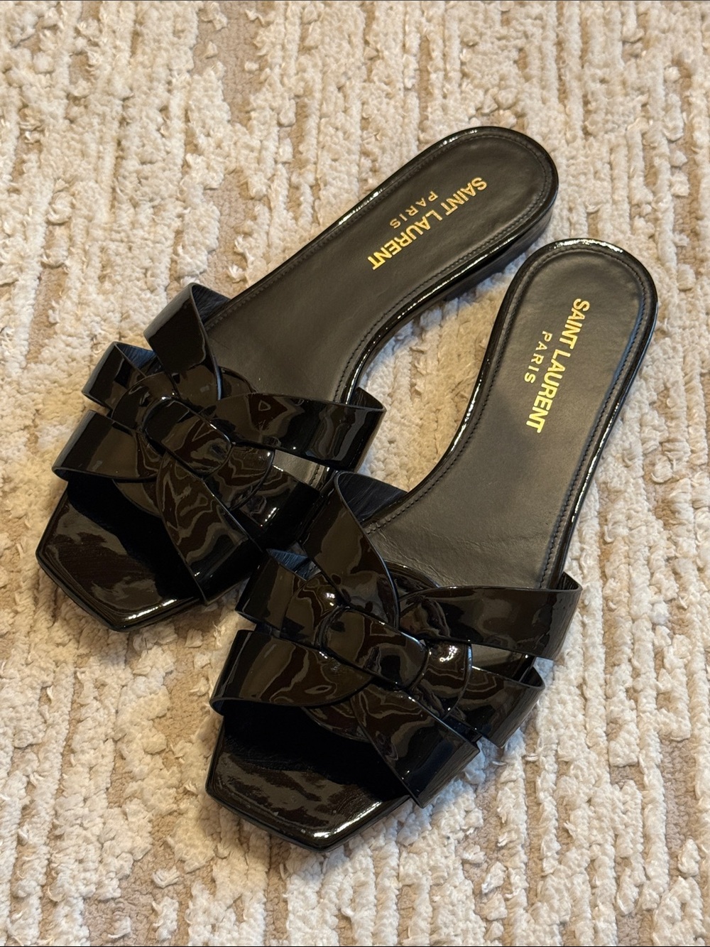 Saint Laurent Glossy Black Patent Braided Slide Mules